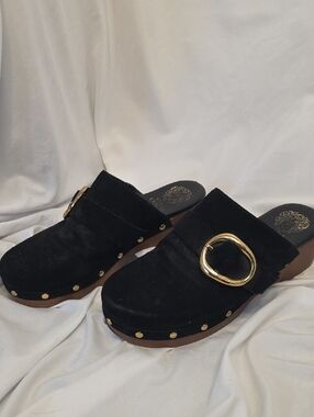 Vince Camuto Black Suede Clog Mules with Gold Buckle